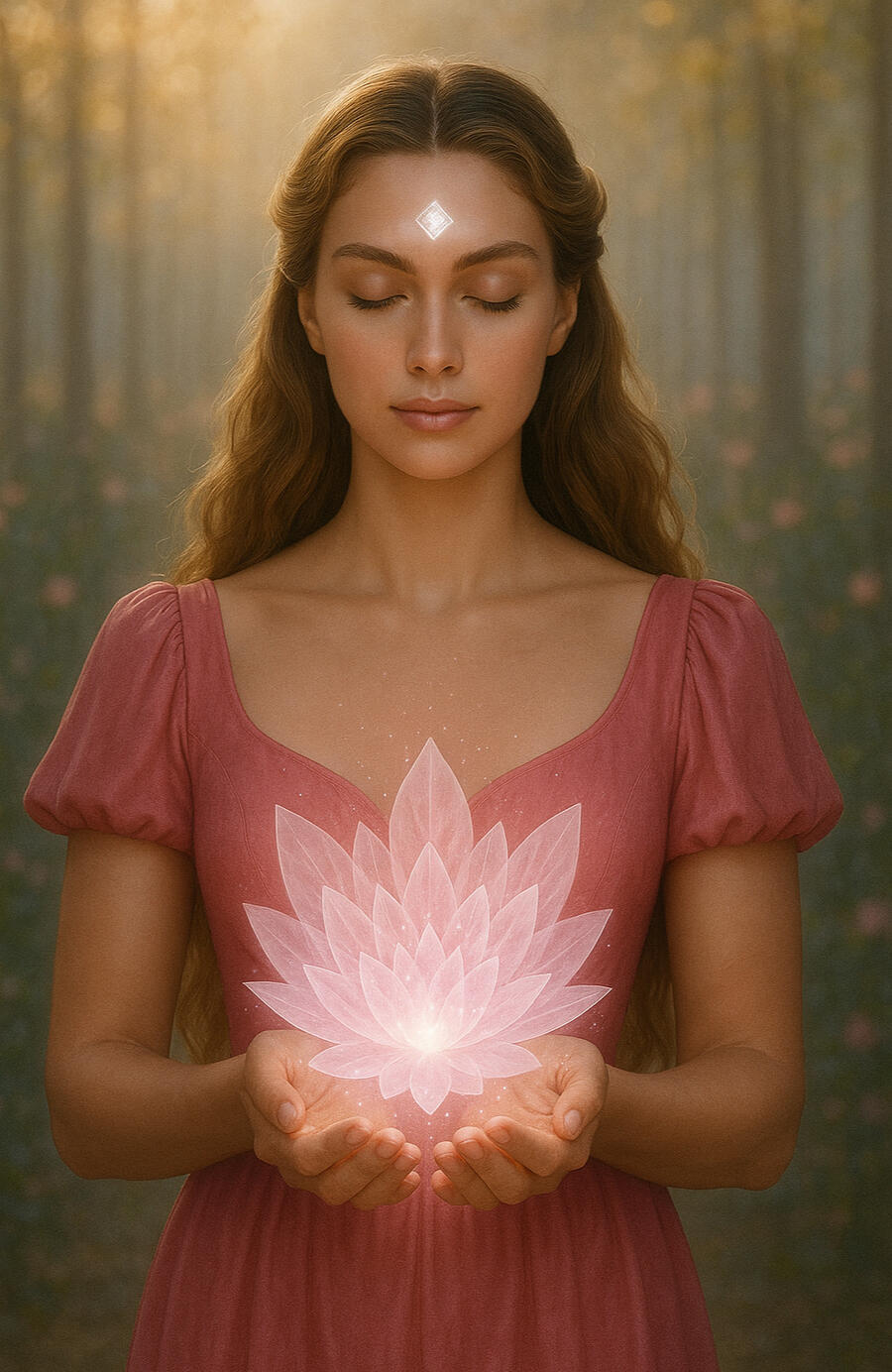 Lady in pink dress holding crystal in peaceful and serene and calm fashion
